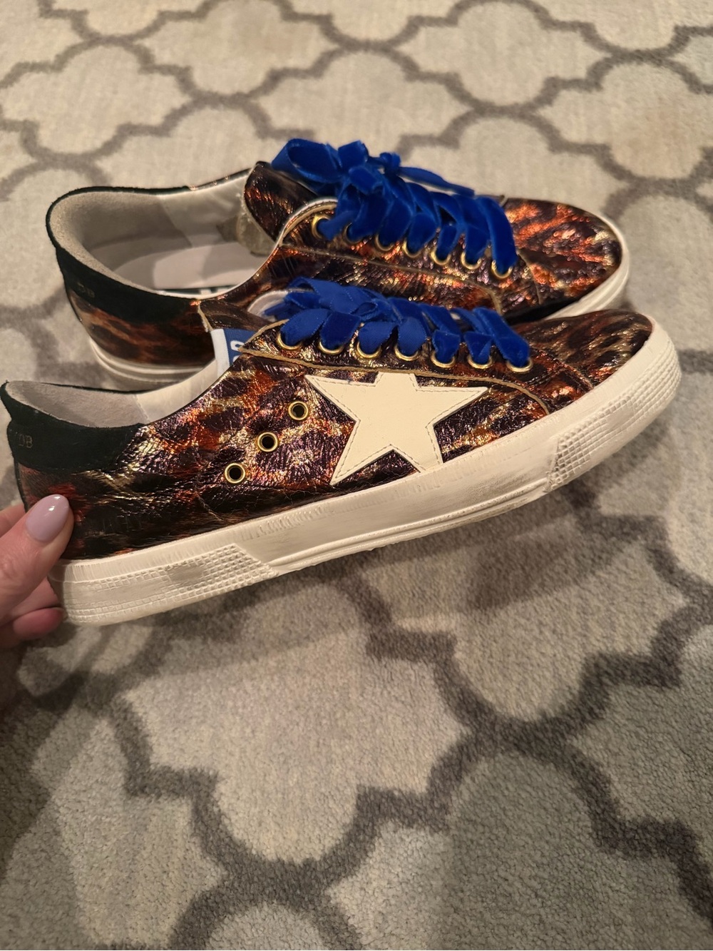 Golden Goose Metallic Leopard Sneakers with Bold Blue Laces - Picture 2 of 5